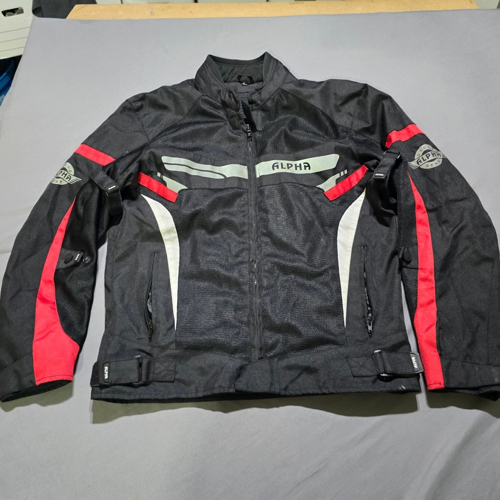 Alpha Cycle Gear Motorcycle Jacket Mens L Black Red Mesh Padded Protective
